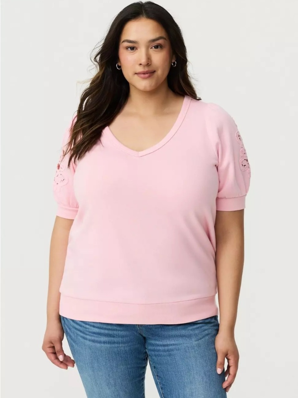 Torrid Sweatshirt 1X Pink Crochet Inset Short Puff Sleeves V-Neck Cozy Fleece